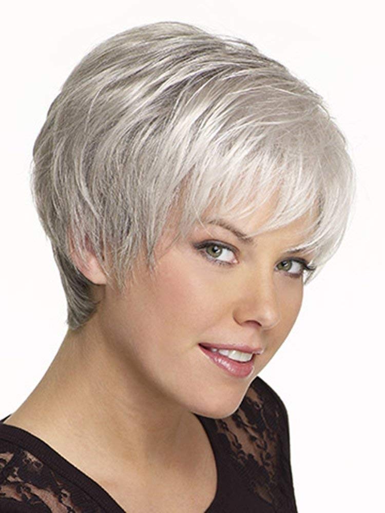 EMMOR Short Silver Grey Human Hair Blend Synthetic Fiber Wigs for Women,Natural Pixie Cut Wig With Bang, Light Weight/Long Life/Ready To Wear/Daily Use (Color 101) - Image 2